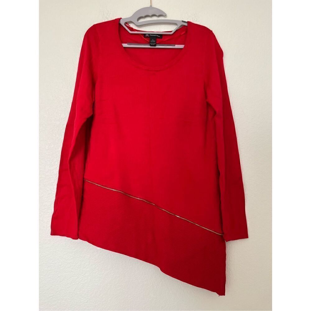 INC Iinternational Concepts Red Sweater Asymmetrical Zipper Trim Long Sleeves NE